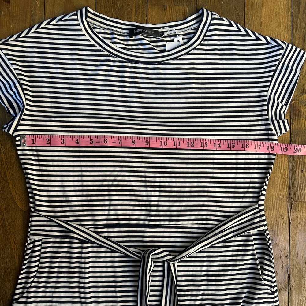 MEROKEETY Striped Navy Blue and White Dress Short sleeve with front tie Nautical - Picture 6 of 13